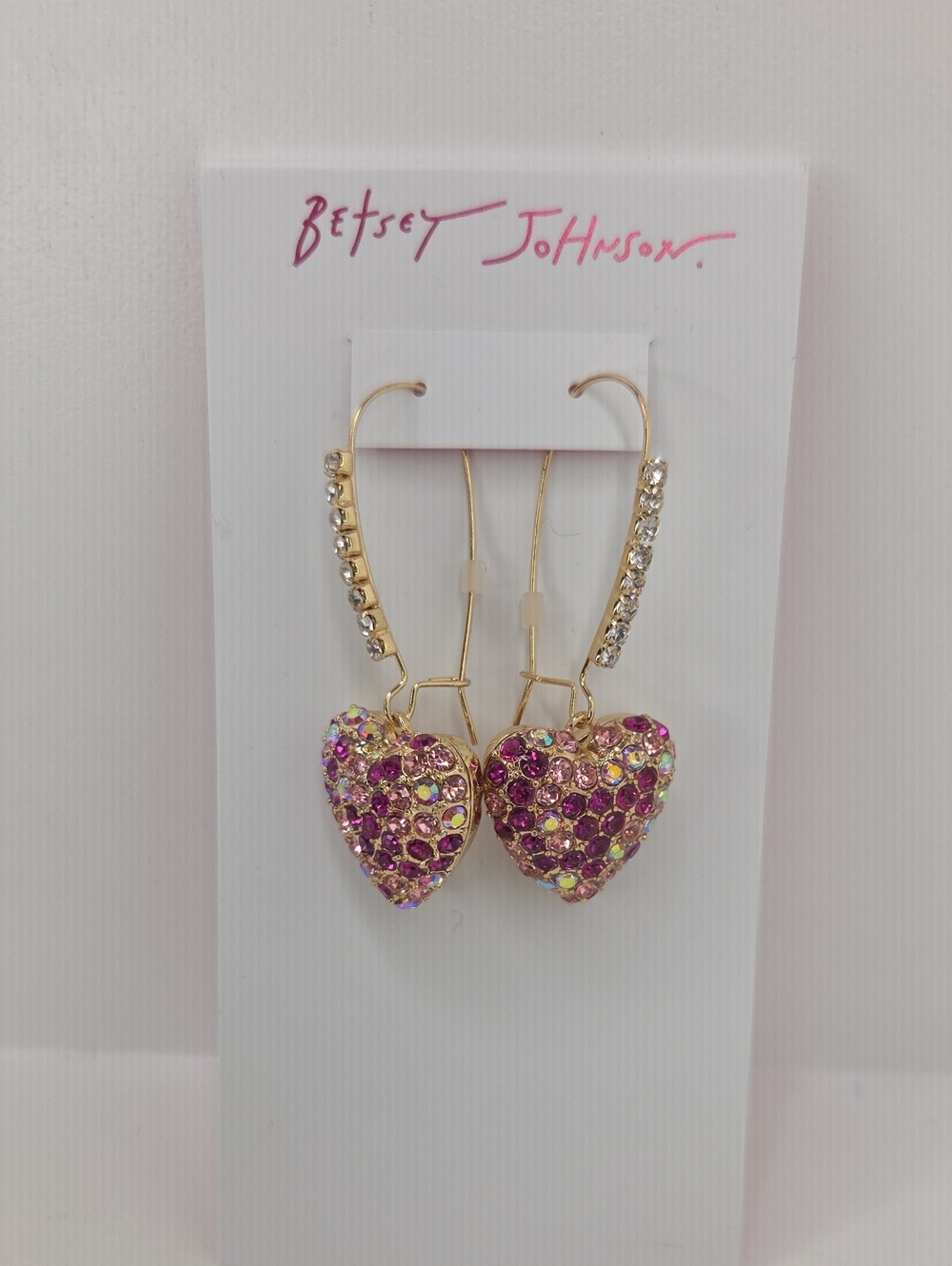 Betsey Johnson Gold-Tone Heart Drop Earrings with Pink and Fuchsia Crystals